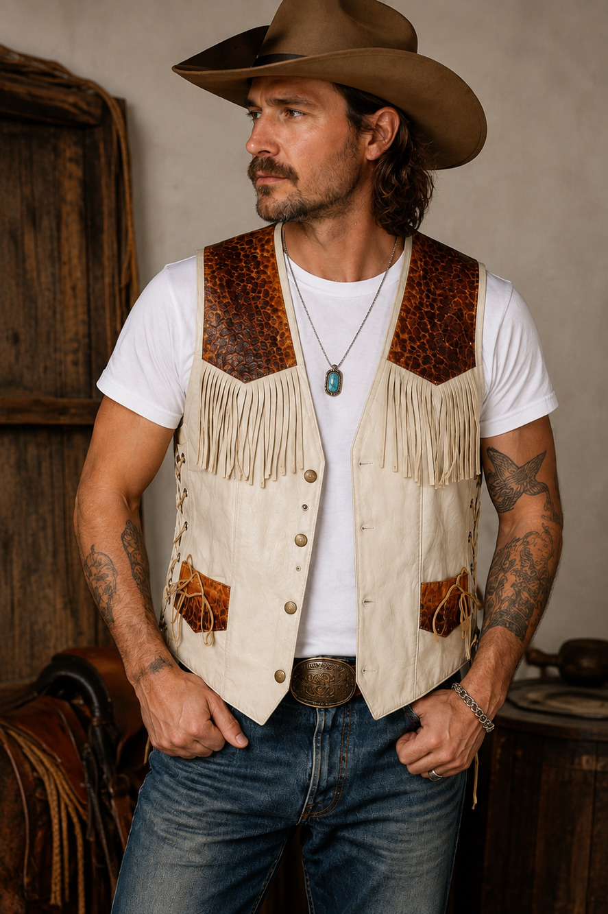 Vintage Leather Fringe Vest Snakeskin Western Cowboy Cream Brown Lace Up M